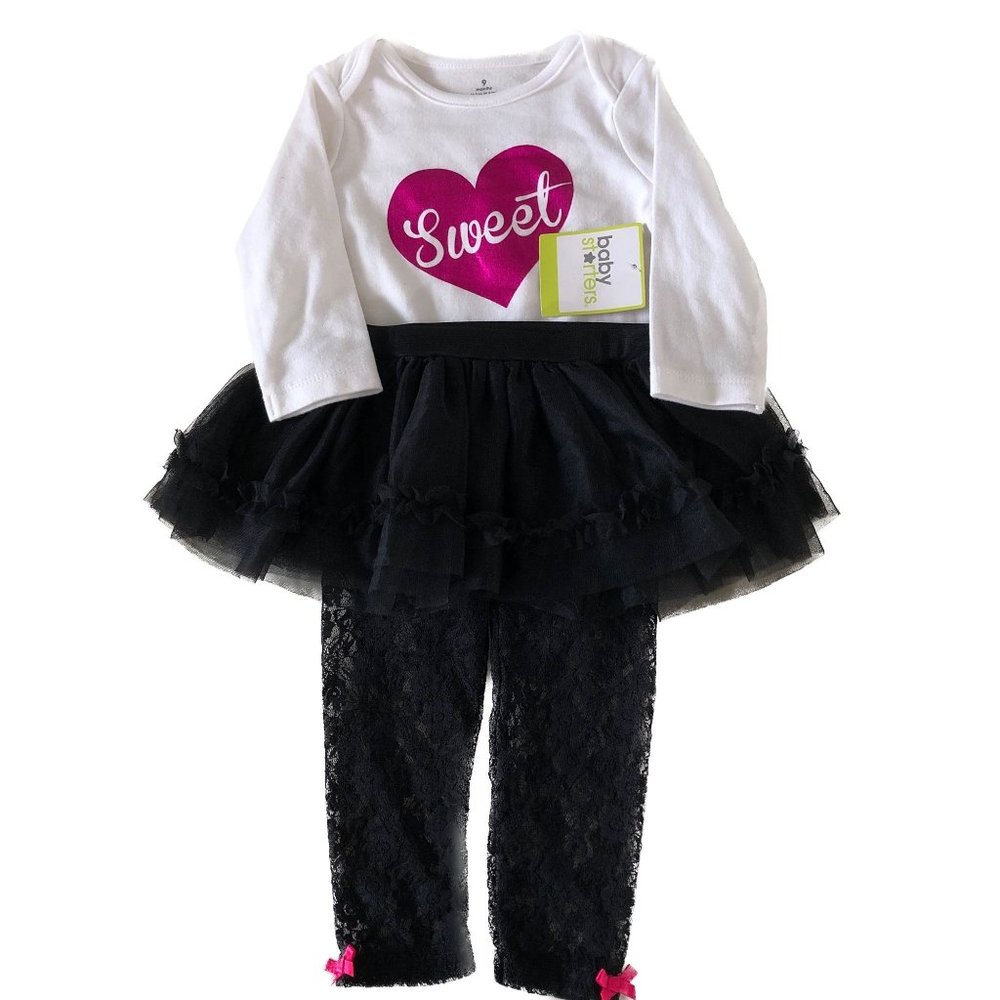 Baby Starter Girls White Bodysuit SweetHeart Black Tutu with Lace Leggings Size